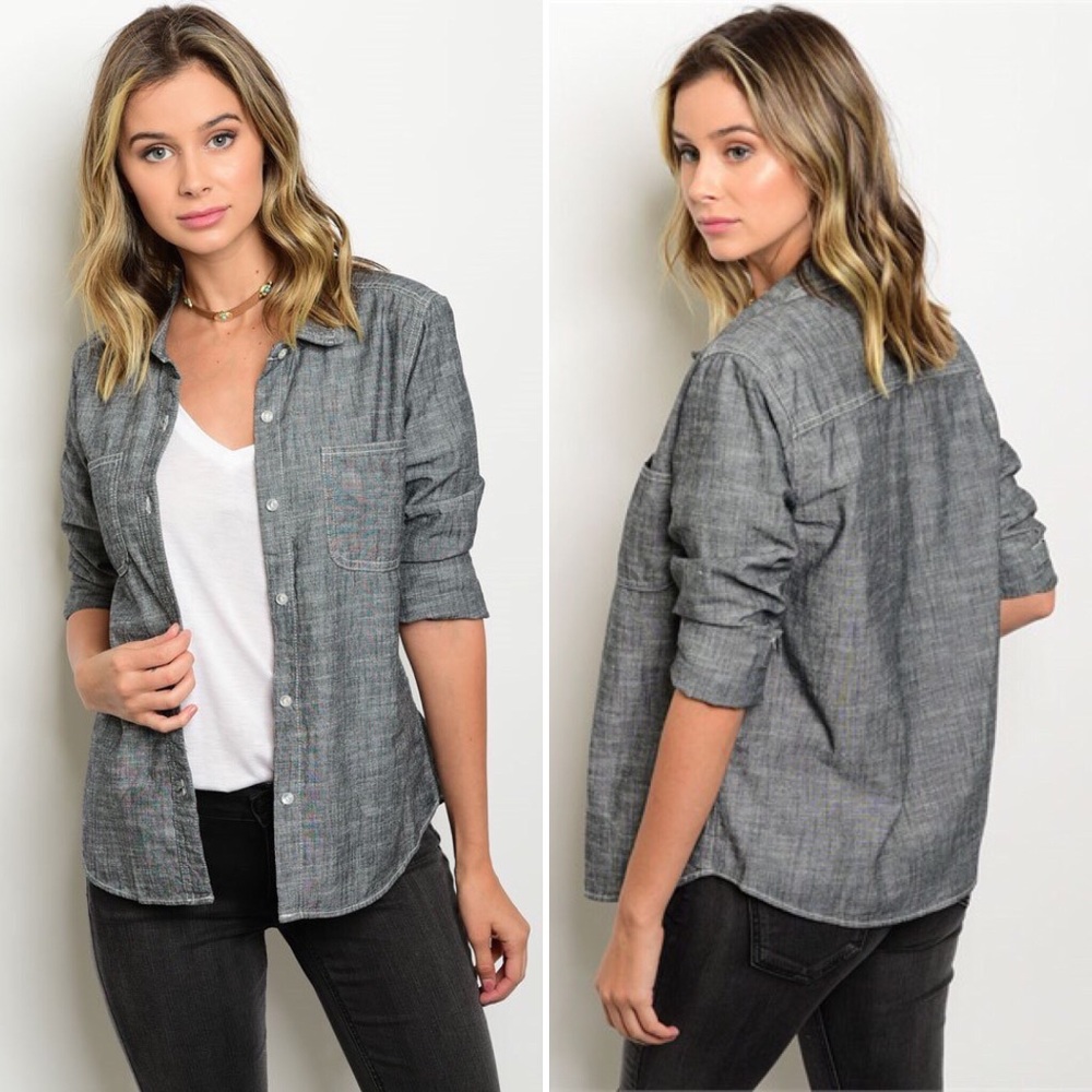 Black Denim Chambray Button Up - Picture 1 of 6